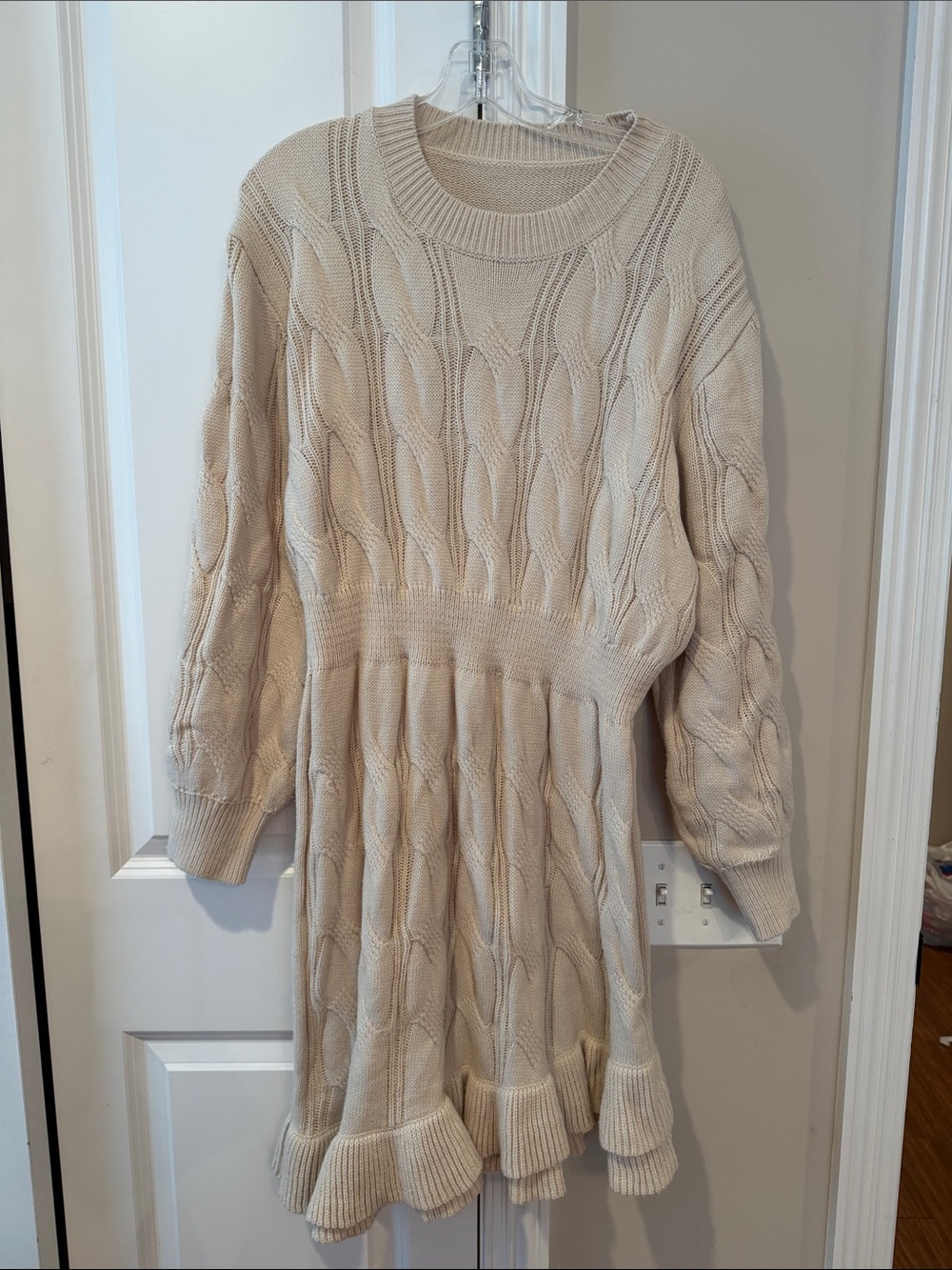 SHEIN Cream Cable Knit Ruffled Hem Sweater Dress